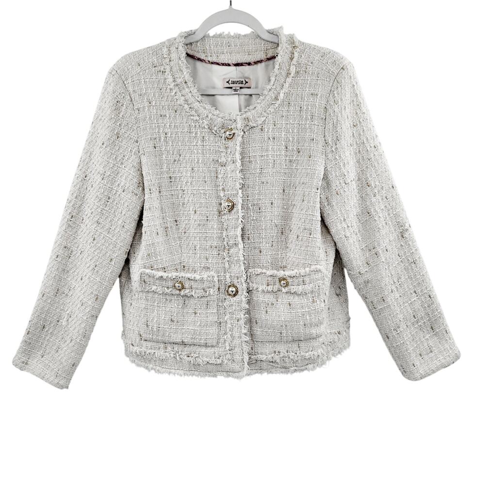 Nanette Lepore Women's Size L Ivory Tweed Chic Goldtone Faux Pearl Button Blazer